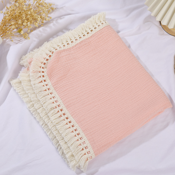100% Cotton Muslin Fringe Blanket - Pink