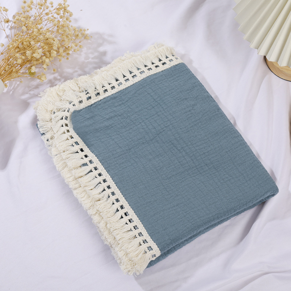 100% Cotton Muslin Fringe Blanket - Blue