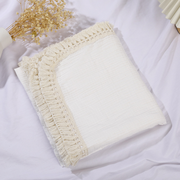 100% Cotton Muslin Fringe Blanket - White