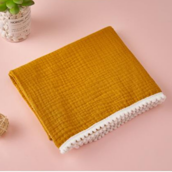 100% Cotton Muslin Pom Pom Blanket - Mustard